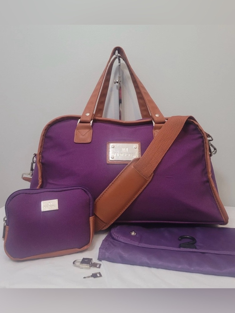 JM New York Purple Travel Weekender Bag with Brown Trim